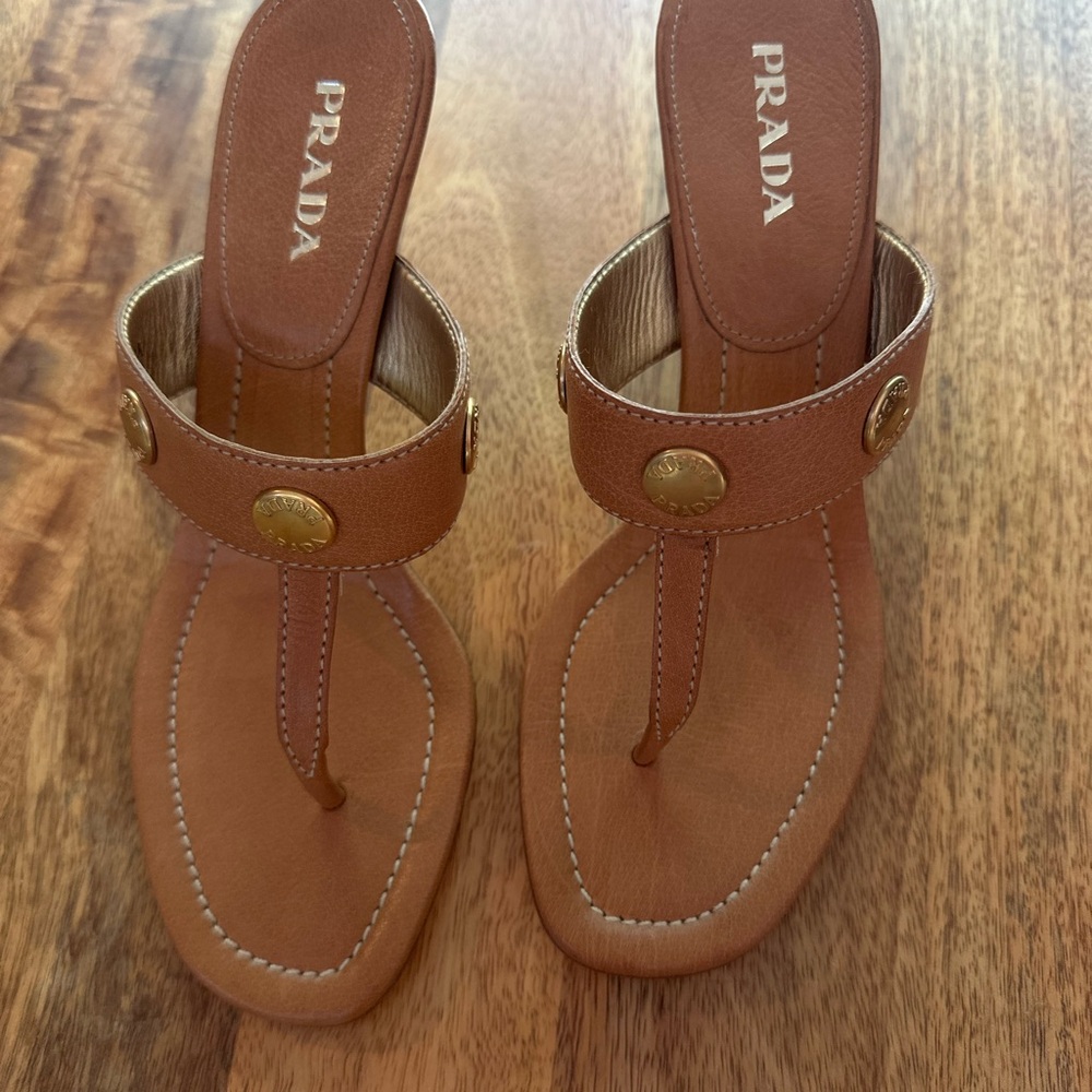 Prada Tan Leather Studded Sandals